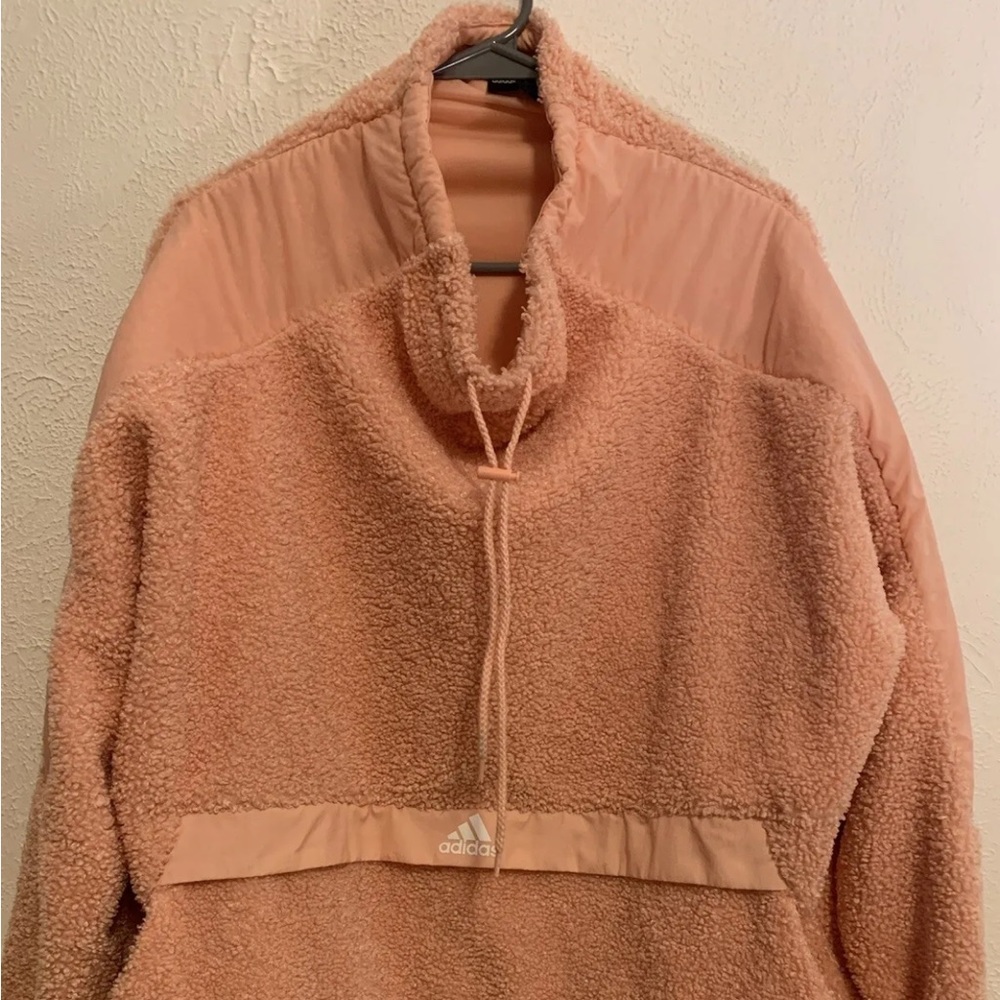 EUC $75 Adidas High Neck Pink Sherpa Pullover Sweatshirt Teddy Jacket Size XL
